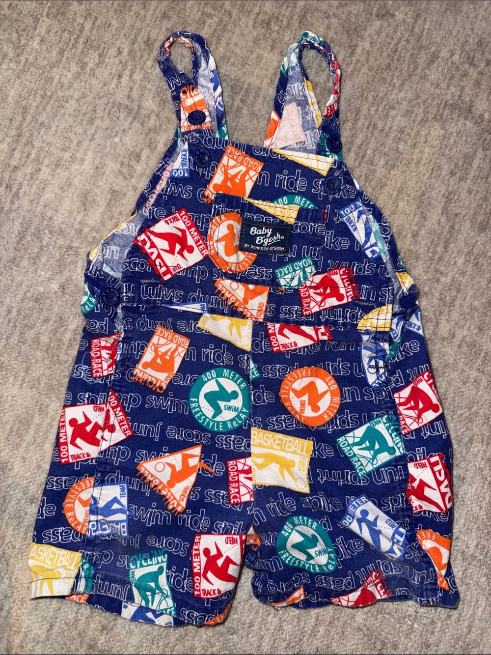Vintage Baby B’gosh OshKosh USA Sports Print Romper Overalls 18M